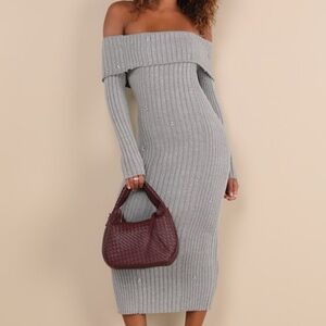 Lulus Dazzling Comfort Grey Rhinestone Off-the-shoulder Sweater Dress - Size M